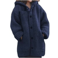 Tklpehg зимни дрехи за жени с дълъг ръкав яке за жени дами качулка якета солиден цвят еднороден джоб с качулка топло плетено пуловерно палто отгоре флот m