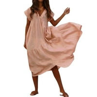 Пролетни рокли за жени Clearance без ръкави с V-образно деколте, солиден цвят ежедневни летни рокли за жени домашни чаени рокля, розово, s