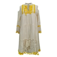 Модни рокли за жени, отпечатани с висока талия Summer Mini V-Neck A-Line Sleeve Ваканционна рокля Бежов 5XL