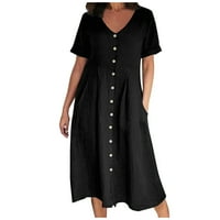 Рокля за жени мода лято ежедневно V-образно деколте солиден копче с къс ръкав джоб памучен бельо рокля черно 6