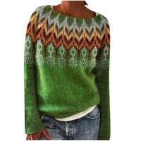 Zunfeo пуловер за жени- плетани върхове реколта дълъг ръкав отпуснат приготен екипаж отпечатан пуловер Небрежен есенни върхове