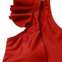 Caveitl бикини за жени, женски твърд цвят секси висока талия с едно рамо бикини сплит бански костюми червено червено