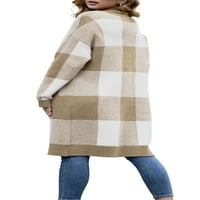 Женски кариран печат с дълъг ръкав отворен предни ежедневни меки плетени жилетка пуловер палто