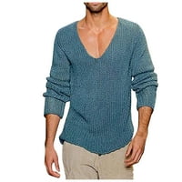 Мъжки ризи за пуловер плюс размер плътно цвят дълъг ръкав V-образно деколте топ блуза от свободното време стилно есен зима леки
