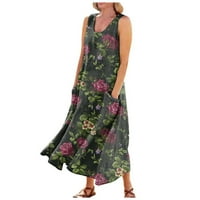 Лятна рокля за жени ежедневни удобни флорални слънчеви рокли Градиент за печат без ръкави от памучна рокля с джобни дрехи за жени вино 2xl