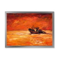 Рибарска Лодка По Време На Червено Вечерно Сияние Рамка Живопис Платно Изкуство Печат