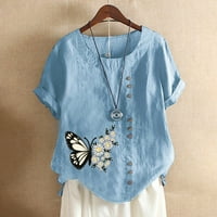 Meitianfacai Womens Tops Женски лято O-Neck с къс ръкав пеперуда отпечатани разхлабени риза върхове блуза подаръци за жени сини