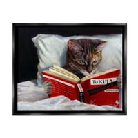 Ступел индустрии котка четене на книга в леглото Смешно Живопис струя черно рамка плаващо платно стена изкуство, 16х20