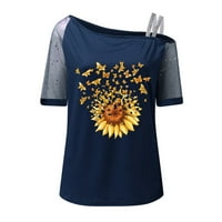 Дамски върхове жени флорални отпечатани върхове без рамо блясък с къса ръкав риза блуза тениска тениска