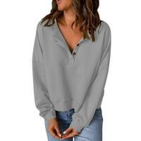 MeetOtime Fall Sweatshirt за жени Бутон с дълъг ръкав V Врат Небрежни пуловер Топс С намаления цвят на големи разхлабени върхове