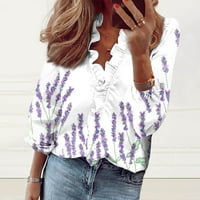 Tking мода за женски фенер с дълъг ръкав Ruffle v-образно риза летни ежедневни флорални върхове за жени лилаво l