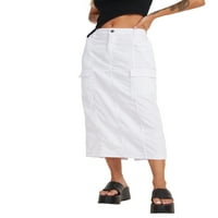 Franhais Women Summer Cargo Midi пола, ежедневна пола с цип с плътни цветове с джобове
