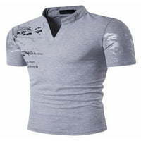 Colisha Men Тениска Писмо печат летни върхове с къси ръкави тениски Модни ежедневно облекло V Neck Blouse Grey XL