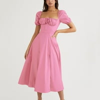 Розови рокли за жени френски рокли женски балон ръкав твърд цвят отворена дълга рокля