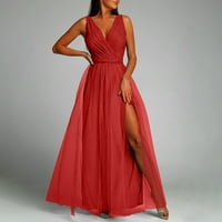 Модни жени V-образни летни солидни мрежести пачуърки случайни без ръкави дълга рокля червен xl