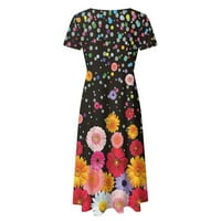 Dyfzdhu летни рокли за жени Лято ежедневен къс ръкав флорален отпечатан екипаж на шията рокля бохо плаж Boho Long Sundress