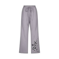 Женски ежедневни отпечатани еластични разхлабени панталони направо широк крак панталони памучно спално бельо с джобове сиво xl