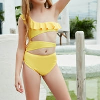 Тийнейджърски бански костюми за момичета ваканционни солидни бански костюми жълти 160