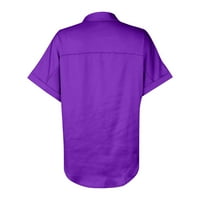 Дамски летни върхове копринена блуза за женски сатенен копче с къс ръкав надолу по ризи Небрежни разхлабени V-образно деколте