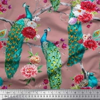 Soimoi Japan Crepe Satin Fabric Floral & Peacock Bird Print Fabric край двора