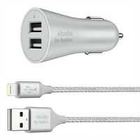 Студио от Belkin Dual Car Charger + Lightning to USB кабел за iPhone, сребро, 5ft