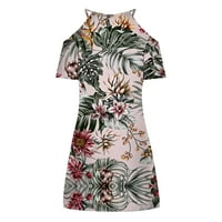 Лятна рокля за тениска за студено рамо за небрежна флорална слънчева рокля на жените v-образни рокли с къс ръкав с къс ръкав