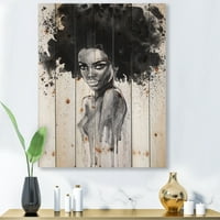 Черно - бял портрет на афроамериканка върху естествена борова дървесина