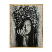 Дизайнарт 'портрет на млада жена с цветя' модерна рамка платно за стена арт принт