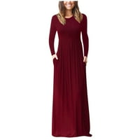 Symoid дълги рокли за жени- небрежен дълъг ръкав солиден теглене назад o-neck джобна дълга рокля червен xxl