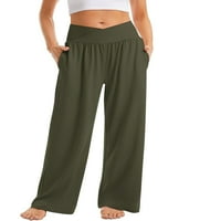 Жени небрежни панталони с широки крака, плътно цветен кросоувър с висока талия пижама панталони с джобове