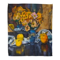 Супер меко хвърляне на одеяло, боядисване на маслени натюрморт с букет цветя във ваза около ябълките и огледалото домашно декоративно