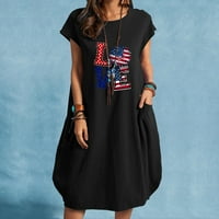 Американски флаг райета отпечатана рокля с къси ръкави за жени летни рокли за шия с джоб 4 юли, САЩ флаг памучно бельо свободна