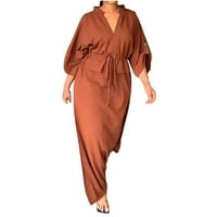 Miayilima плюс размер рокли женски моден небрежен изправен яка v Врат Пласивен цвят отворена дълга рокля рокля рокля