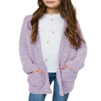 YSKKT момичета Кардиган Отворен преден пуканки плетен пуловери с дълъг ръкав с джобове