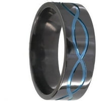 Плосък черен циркониев пръстен със символа за безкрайност анодизиран в синьо