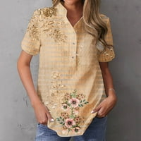 Хенли ризи за жени Небрежен копче с къс ръкав надолу V Врат Етнически флорален модел Графична туника тениски риза хлабава удобна