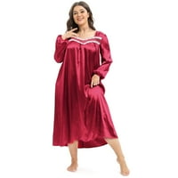 Жени плюс размер сатен нощник с дълъг ръкав дантелена облицовка Лека пижама с пълна дължина заспиване xl-4xl