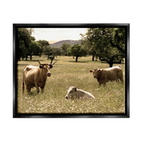 Ступел индустрии три говеда релаксираща пасища пасища селски ферми дървета снимка джет черно плаваща рамка платно печат стена