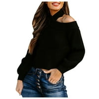 Пуловер за женски небрежен пуловер от рамото с дълъг ръкав с твърд цвят тънък плетен пуловер