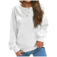 Пуловери за жени Есента и зимата кръгла шия солиден бутон Дизайн разхлабен ежедневен дълъг ръкав отгоре бял XL